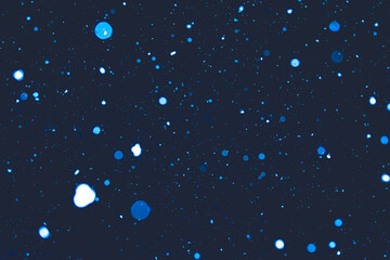 Abstract photo of snowflakes falling at night, circles of varying sizes and colors stretching into the distance like a wintry field of stars.