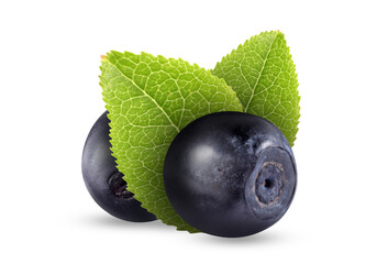 Tasty ripe bilberries and green leaves isolated on white