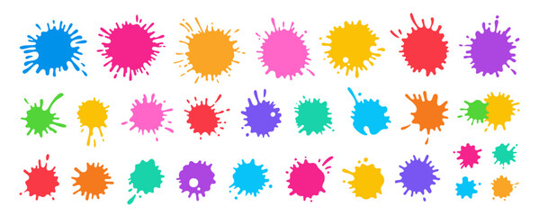 Splash paint splatter colorful cartoon set. Stain and splat flat collection, shapes liquids drop icon splatter. Different splashes and drops colored shape ink collection. Isolated vector illustration - obrazy, fototapety, plakaty