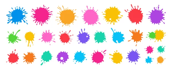 Tuinposter Splash paint splatter colorful cartoon set. Stain and splat flat collection, shapes liquids drop icon splatter. Different splashes and drops colored shape ink collection. Isolated vector illustration © neliakott