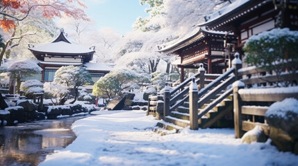 雪と寺、日本的なお寺の冬の風景 - obrazy, fototapety, plakaty