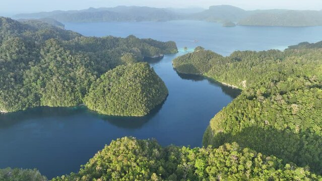 Rugged, jungle-covered islands surround a calm channel in Alyui Bay, Raja Ampat. This scenic area is known as the heart of the Coral Triangle due to its incredible marine biodiversity.