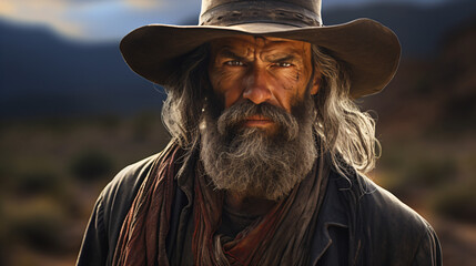 A man with a long beard wearing a cowboy hat - obrazy, fototapety, plakaty