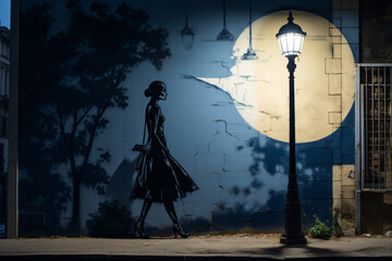 A graffiti of a woman walking down a street