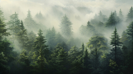Obraz premium A painting of a forest filled with lots of trees in the mist