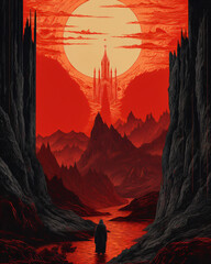 A dark fantasy illustration of a man standing in front of a castle