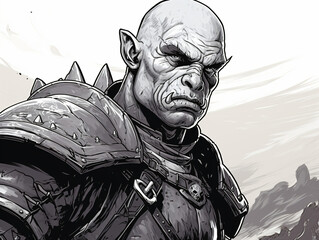 A drawing of a half orc wearing armor - obrazy, fototapety, plakaty