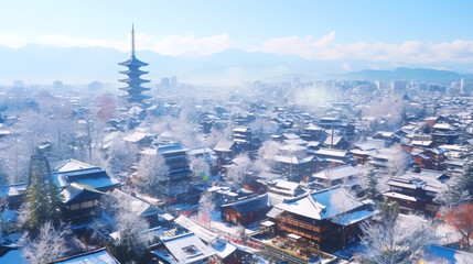 Fototapeta premium 冬の都市、雪の日本の古都の風景、上空からの眺め