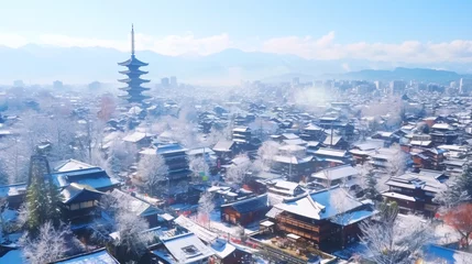 Kissenbezug 冬の都市、雪の日本の古都の風景、上空からの眺め © tota