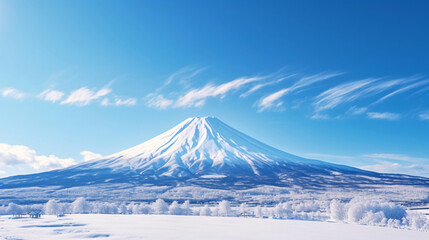 冬の山、空と雪化粧をした山の日本的な自然風景