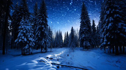 冬の夜の森、夜空の星と雪景色の自然風景 - obrazy, fototapety, plakaty