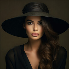 A supermodel woman with long hair wearing a black hat