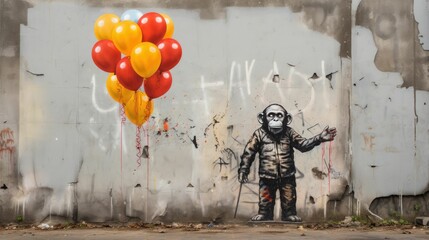 a large graffiti has been spray painted with balloons and the word death - obrazy, fototapety, plakaty