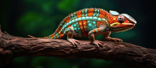 A branch is hosting a crawling lizard that displays the characteristics of a chameleon - obrazy, fototapety, plakaty