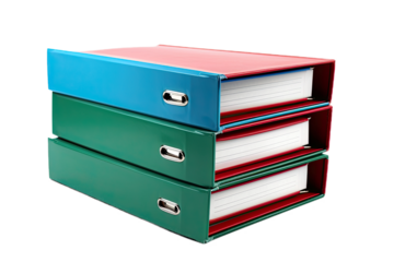 Stacked red, green and blue ring binders. Isolated on a white background
