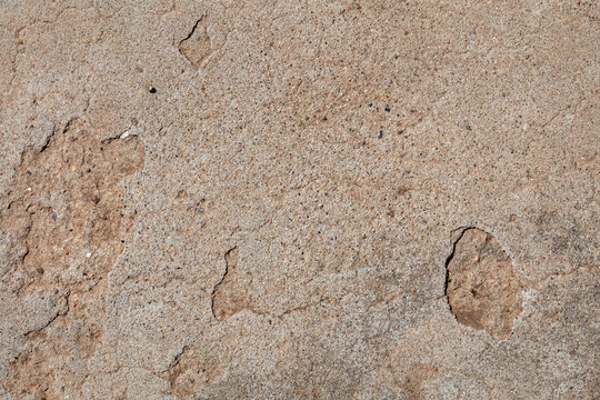 Macro image of a section of weathered  concrete floor with cracks and pock marks. The concrete has rough texture and a brown-beige color with hints of grey.