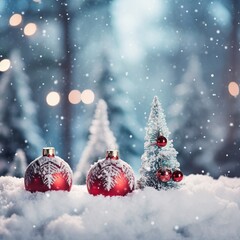 Fototapeta na wymiar Christmas tree decorated with red balls in forest in snowfall outdoors