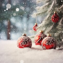 Fototapeta na wymiar Christmas tree decorated with red balls in forest in snowfall outdoors