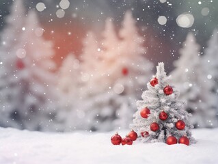 Christmas tree decorated with red balls in forest in snowfall outdoors