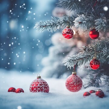 Christmas tree decorated with red balls in forest in snowfall outdoors