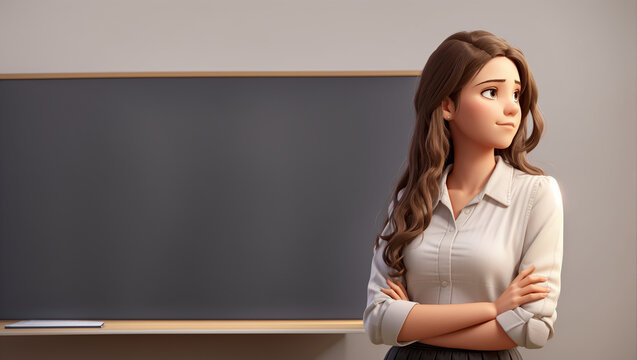 young teacher woman standing in front of blackboard side view isolated on a white background. Backdrop with copy space