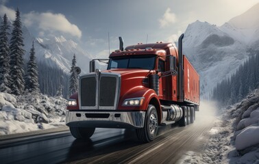 Truck in winter with snow on tarmac