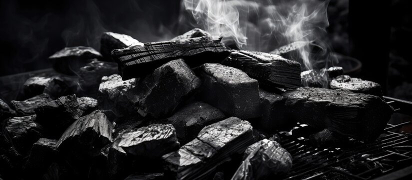 A black and white photograph of coals factory depicts charcoal being used in the grill for barbecuing