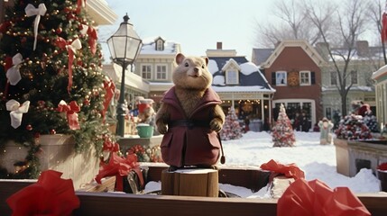 A traditional town square with festive Groundhog
