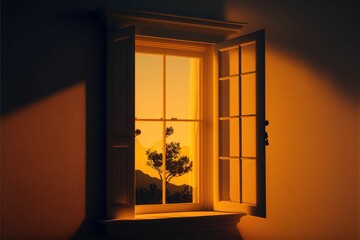 AI generated illustration of A leafy tree visible through an open window in a cozy interior room