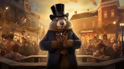 A traditional town square with festive Groundhog