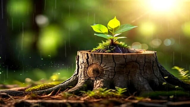 View of a young tree with green leaves emerging from an old tree stump in a tropical rainforest. Seamless looping 4K overlay animation background