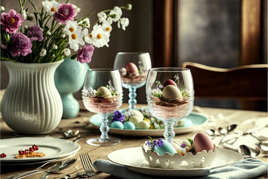 Illustration of a Easter dinner table setting with a variety of decorative vases filled with eggs