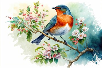 AI generated illustration of a vibrant bird perched atop a branch surrounded by pink blossoms