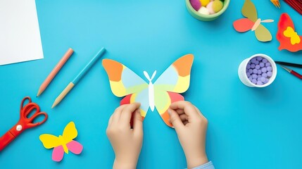 Little child hands holding glue stick and gluing colorful butterfly shape from paper on blue table background. Pastel color. Making decoration elements. Closeup. Point of view shot. Top down view. - obrazy, fototapety, plakaty