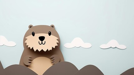 happy groundhog day. paper craft for kids on gray background. create art for children. minimal concept, copy space
