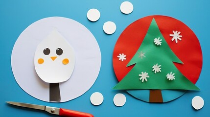 Crafts for children. Winter decoration from paper and cotton disk. Handmade Easy Paper Crafts For Kids. DIY concept.