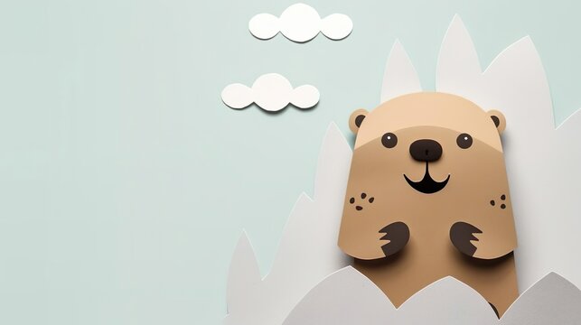 happy groundhog day. paper craft for kids on gray background. create art for children. minimal concept, copy space