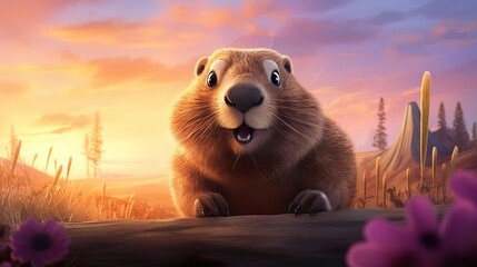 A banner featuring a cheerful animated groundhog - obrazy, fototapety, plakaty