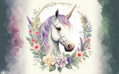 AI generated illustration of A majestic white unicorn with a vibrant mane