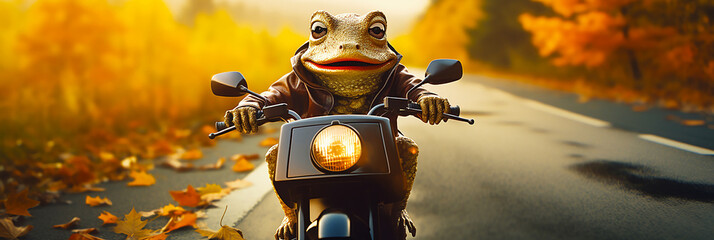 Frog riding a motorcycle in live-action style
