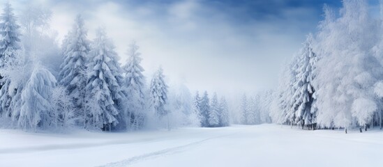 Background of a road in a forest covered with winter snow - obrazy, fototapety, plakaty