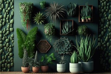AI generated illustration of A vibrant arrangement of a variety of plants on green shelves