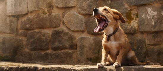 In this image a joyful dog with a brown and tan coat is positioned in front of a stone wall while being restrained by a leash The dog is the primary focus exhibiting its delight with an ope