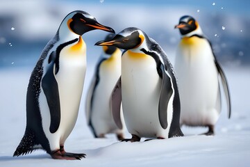Group of penguins is on winter snowy land