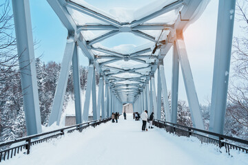 Shirahige Waterfall bridge with Snow in winter, Biei river flow into Blue Pond. landmark and popular for attractions in Hokkaido, Japan. Travel and Vacation concept