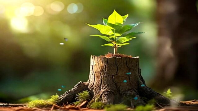 View of young tree with green leaves emerging from old tree stump on blurred nature background. Seamless looping 4K overlay animation background