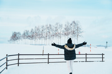 Woman tourist Visiting in Biei, Traveler in Sweater sightseeing view with Snow in winter season....
