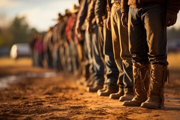 Fototapeta na wymiar Group of rodeo contestants lined up, ready for the calf roping event, Generative AI