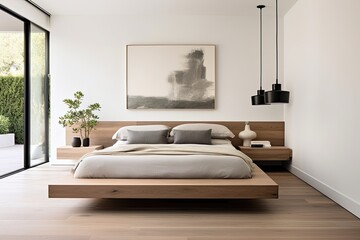 Clean wooden bedroom with natural light comfortable for sleep. Generative AI