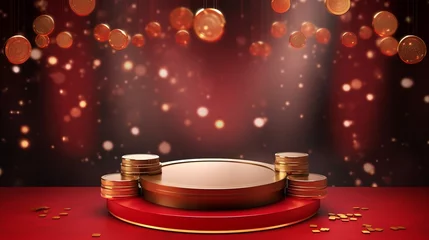 Foto op Plexiglas anti-reflex Chinese red background podium 3d stage product year new gold china lunar luxury stand. Golden chinese display background red award pedestal abstract light studio shape asian circle happy modern maroon © Максим Зайков